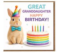 Great Granddaughter Birthday Card - Cute Bunny with Party Hat & Rainbow Cake - Colourful Kids Design - Happy Birthday Card for Great-Granddaughter
