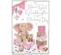 Great Granddaughter Christening Congratulations Card - Elephant, Deer and Wrapped Gifts with Foil Finish - Eco-Friendly - by Jonny Javelin