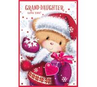 Great Granddaughter Christmas Card - Brown Bear Hat and Scarf Red Foil 7.5x5.25"