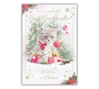 Great Granddaughter Christmas Card - Special Finishes - Kitten and Bauble - Artistic Festive Design - Illustrated Insert Leaf - Made in the UK - Eco-Friendly