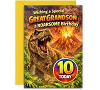 Great Grandson 10th Birthday Card - Roarsome T-Rex Birthday Card - for Great Grandson - A5 Size Card with Yellow Envelope, Made in UK