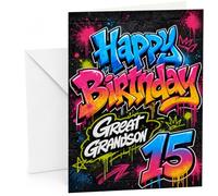 Great Grandson 15th Birthday Card Graffiti Paint Splatter | Large A5 Card with Printed Inside Message; Bold urban graffiti “Happy Birthday” for Great Grandson 15th Birthday