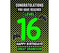 Great Grandson 16th Birthday Card (Level Up Gamer) - from Nanna Grandad Greeting Blank Inside Envelope Included Gift Idea UK