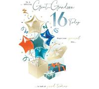 Great-Grandson 16th Birthday Card with Balloons and Gifts Design, 15 x 23 cm