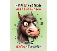 Great Grandson 18th Birthday Card (Funny Grumpy Angry Horse) - From Nanna Grandad For Him Age Male Boy Man Animal Humour Greeting Blank Inside Envelope Included Gift