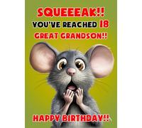 Great Grandson 18th Birthday Card (Funny Mouse Humour) - For Him Age Male Boy Men Animal