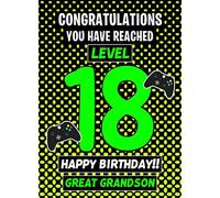 Great Grandson 18th Birthday Card (Level Up Gamer) - from Nanna Grandad Greeting Blank Inside Envelope Included Gift Idea UK