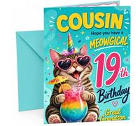Great Grandson 19th Birthday Card Meowgical Unicorn Cat | Large A5 Card with Printed Inside Message; Bright teal confetti for Great Grandson 19th Birthday