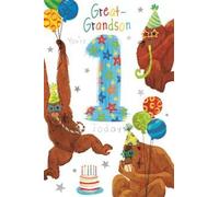 Great-Grandson 1st Birthday Card - Cute Party Gorillas with Balloons & Stars - Age 1 Boy Card - Includes Verse Inside - Children’s Birthday Greeting Card with Envelope