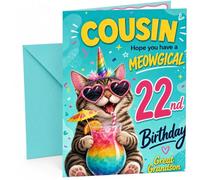 Great Grandson 22nd Birthday Card Unicorn Cat Rainbow Cocktail | Large A5 Card with Printed Inside Message; Bright teal unicorn cat with heart sunglasses for Great Grandson 22nd Birthday