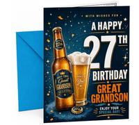 Great Grandson 27th Birthday Card Beer Bottle and Pint Glass | Large A5 Card with Printed Inside Message; Dark blue confetti-and-stars with a beer bottle for Great Grandson 27th Birthday