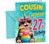 Great Grandson 27th Birthday Card Meowgical Unicorn Cat | Large A5 Card with Printed Inside Message; Turquoise confetti for Great Grandson 27th Birthday