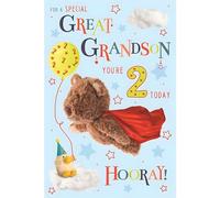 Great Grandson 2nd Birthday Card - Age 2 - Special Great Grandson - Barley Bear Teddy Superhero Design - Special Finishes and Illustrated Insert Leaf - Made in the UK - Eco-Friendly