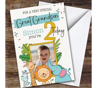 Great Grandson 2nd Safari Animals Photo Boys Custom Personalised Birthday Card - Personalised Birthday Greeting Card for Kids, Custom Birthday Card