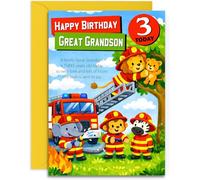 Great Grandson 3rd Birthday Card - Fire Engine Birthday Card for Age 3 - A5 Size Card with Yellow Envelope, Made in UK