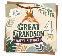 Great Grandson 4th Birthday Card, Cute Monkey Design, To A Special Great Grandson, Happy Birthday Card for Boys Age 4