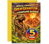 Great Grandson 5th Birthday Card - Roarsome T-Rex Birthday Card - for Great Grandson - A5 Size Card with Yellow Envelope, Made in UK