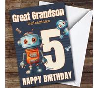 Great Grandson 5th Watercolour Robots Boys Custom Personalised Birthday Card - Personalised Birthday Card For 5th Birthday, Custom Birthday Card