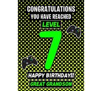 Great Grandson 7th Birthday Card (Level Up Gamer) - from Nanna Grandad Greeting Blank Inside Envelope Included Gift Idea UK