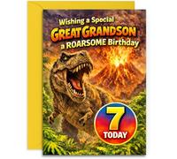 Great Grandson 7th Birthday Card - Roarsome T-Rex Birthday Card - for Great Grandson - A5 Size Card with Yellow Envelope, Made in UK