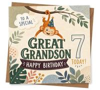 Great Grandson 7th Birthday Card with Cute Monkey Design and 'To a Special Great Grandson 7 Today' Message