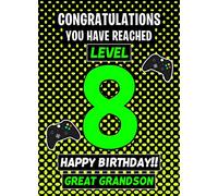 Great Grandson 8th Birthday Card (Level Up Gamer) - from Nanna Grandad Greeting Blank Inside Envelope Included Gift Idea UK