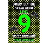 Great Grandson 9th Birthday Card (Level Up Gamer) - from Nanna Grandad Greeting Blank Inside Envelope Included Gift Idea UK