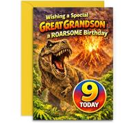 Great Grandson 9th Birthday Card - Roarsome T-Rex Birthday Card - for Great Grandson - A5 Size Card with Yellow Envelope, Made in UK