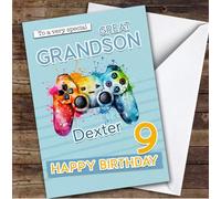 Great Grandson 9th Gamepad Splash Gamer Boys Custom Personalised Birthday Card - Personalised Birthday Card For 9th Birthday, Custom Birthday Card
