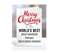 Great Grandson card from Great Bonus Grandma, Merry Christmas to the World's Best, gifts for men, women, greetings card, female, male, him, her, presents, A5-260b_128