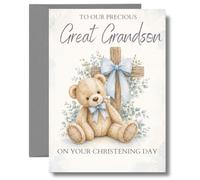 Great Grandson Christening Card Teddy Bear Cross Blue CHRIST22