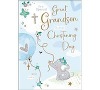 Great Grandson Christening Congratulations Card - Special Great Grandson - Elephant and Balloons - Special Finishes and Illustrated Insert Leaf - Made in the UK