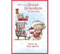 Great Grandson Christmas Card - Bear & Sleigh with gifts and Red Foil 7.25x5.5"