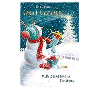 Great-Grandson Christmas Card from Ling Design - Snowman, a Star for the Tree - Foil Finish