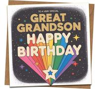 Great Grandson Happy Birthday Card - Rainbow Starburst Square Greeting, To a Very Special Great-Grandson, 145mm x 145mm, Premium Card with Kraft Envelope