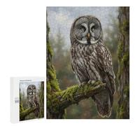 Great Grey Owl Perched on Mossy Branch - Wooden Art Puzzle, 500 PCS, New Year Puzzle Gift; for Couples, Friends And Family