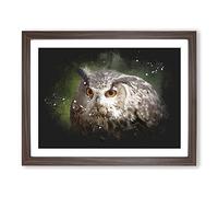 Great Horned Owl Vol.2 Paint Splash Modern Art Framed Wall Art Print, Ready to Hang Picture for Living Room Bedroom Home Office Décor, Walnut A4 (34 x 25 cm)