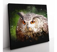 Great Horned Owl Vol.2 Paint Splash Modern Canvas Wall Art Print Ready to Hang, Framed Picture for Living Room Bedroom Home Office Décor, 35x35 cm (14x14 Inch)