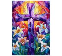 Great Jigsaw Puzzles for Adults 300 Pieces Stained Glass Cross Lily Challenging Puzzles for Adults Gift for Friends Family Home Decoration Puzzle