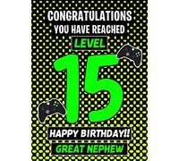 Great Nephew 15th Birthday Card (Level Up Gamer) - From Auntie Uncle Gift Idea Greeting Blank Inside Envelope Included UK