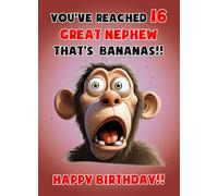 Great Nephew 16th Birthday Card (Funny Monkey Humour) - From Auntie Uncle Gift Idea For Him Age Male Boy Men Animal Greeting Blank Inside Envelope Included UK