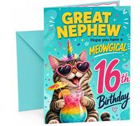 Great Nephew 16th Birthday Card Unicorn Cat Rainbow Cocktail | Large A5 Card with Printed Inside Message; Unicorn Cat Rainbow Cocktail for Great Nephew 16th Birthday