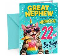 Great Nephew 22nd Birthday Card Unicorn Cat Rainbow Cocktail | Large A5 Card with Printed Inside Message; Teal confetti with a sunglasses-wearing unicorn cat for Great Nephew 22nd Birthday