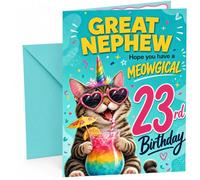Great Nephew 23rd Birthday Card Meowgical Unicorn Cat Cocktail | Large A5 Card with Printed Inside Message; Bright teal confetti for Great Nephew 23rd Birthday