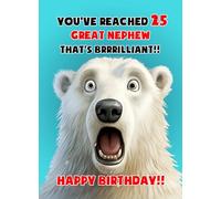 Great Nephew 25th Birthday Card (Funny Shocked Polar Bear) - For Him Age Male Boy Man Animal Humour