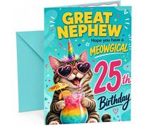 Great Nephew 25th Birthday Card Unicorn Cat Rainbow Cocktail | Large A5 Card with Printed Inside Message; Teal confetti with a sunglasses-wearing unicorn cat for Great Nephew 25th Birthday