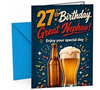 Great Nephew 27th Birthday Card Beer Bottle and Pint Confetti | Large A5 Card with Printed Inside Message; Bold dark blue beer bottle and frothy pint for Great Nephew 27th Birthday