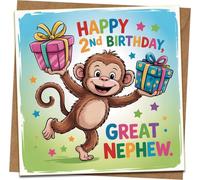 Great Nephew 2nd Birthday Card - Cute Monkey Design, Happy 2nd Birthday Greeting, 145mm x 145mm, Includes Kraft Envelope, Fun Colourful Age 2 Card for Boys or Girls