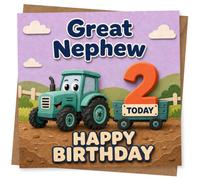 Great Nephew 2nd Birthday Card, Cute Tractor Design with Happy Birthday Message for Great Nephew