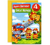 Great Nephew 4th Birthday Card - Fire Engine Birthday Card for Age 4 - A5 Size Card with Yellow Envelope, Made in UK